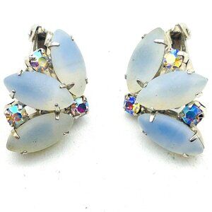Vintage Blue Opalescent Petal Earrings Clip On Silver Tone Aurora Borealis Beads